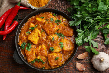 Chicken tikka masala with spices on wooden table, flat lay