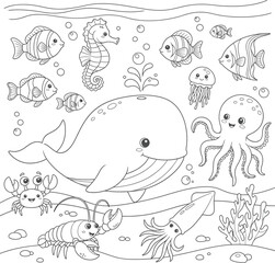 Obraz premium Whimsical underwater scene with friendly marine animals coloring page isolated on white background
