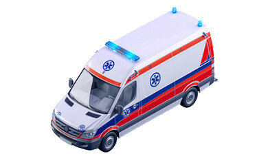 Modern ambulance van with emergency lights on, isolated on transparent background. Paramedic vehicle used in medical rescue, first aid, patient transport. 3D render of emergency response car, PNG