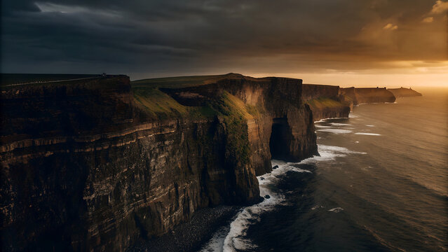 A breathtaking aerial view of the Cliffs of Moher in Ireland, with dramatic ocean waves crashing against rugged cliffs, golden sunset sky casting warm hues on the green grass, composed using the rule 