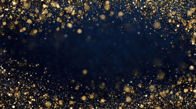 Sparkling golden glitter and bokeh lights creating a festive and celebratory frame around a dark navy blue background