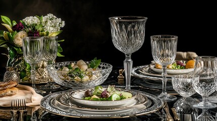 Fine dining setup with crystal glassware and gourmet courses displayed