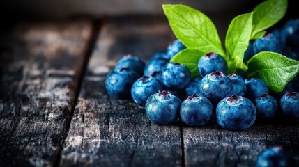 Fresh blueberries arranged on a rustic wooden table surface