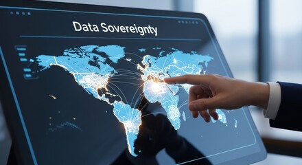 Businessman pointing digital world map with data sovereignty, for global connectivity, information control, digital security, international data management strategies