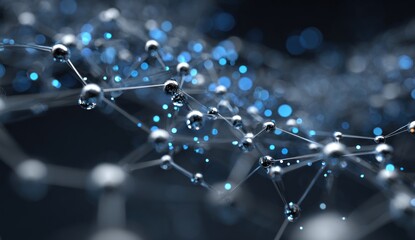 Abstract network structure with metallic spheres and blue light bokeh.