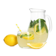 Tasty lemonade with mint and fresh fruits isolated on white
