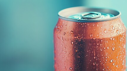 Closeup of a vibrant orange soda can with condensation drops, perfect for a refreshing summer drink