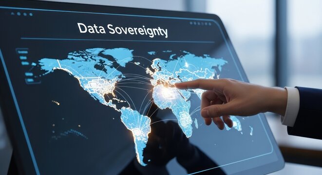 Businessman pointing digital world map with data sovereignty, for global connectivity, information control, digital security, international data management strategies - Powered by Adobe