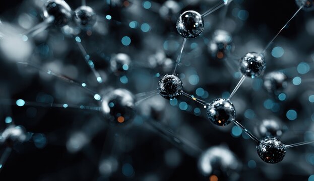 Abstract molecular structure with dark reflective spheres and blue bokeh lights.