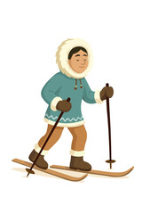 Smiling Arctic Child Skiing in Traditional Winter Clothing &ndash; Inuit Culture Winter Adventure Illustration