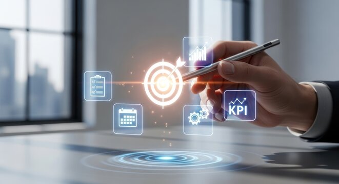 Businessman pointing to digital target with kpi, checklist, calendar, gears icons, for business strategy, goal achievement, performance management, project planning success
