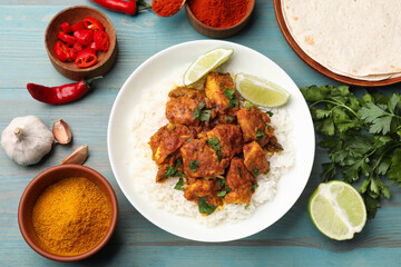 Delicious chicken tikka masala with rice, parsley, lime and spices on light blue wooden table, flat lay