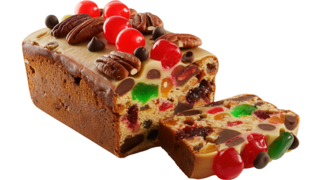 Indulge in a slice of this festive, rich fruitcake generously topped with nuts and cherries, perfect for any celebration or holiday gathering. - Powered by Adobe