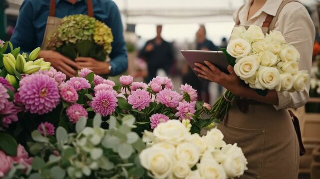 A dynamic floral market, showcasing a rich tapestry of colors, where a floral merchant skillfully orchestrates a symphony of blooms, creating an atmosphere of vibrant beauty.