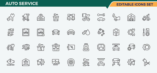 Auto Service linear icon collection. Contains such symbols as car parts, vehicle, car repair, engine and more. Car Repair icon set. Minimal icons collection. Pixel perfect. Vector illustration.