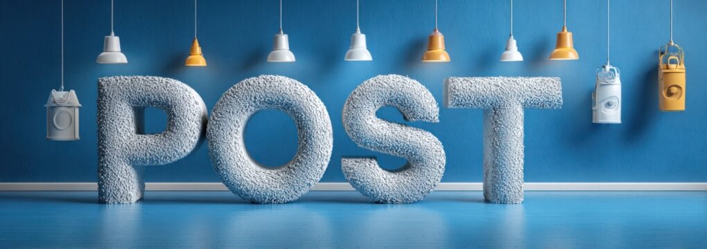 Textured white letters spell post against a blue wall and floor.