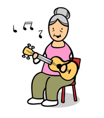 Alte Cartoon Frau spielt Gitarre und singt Lieder dabei