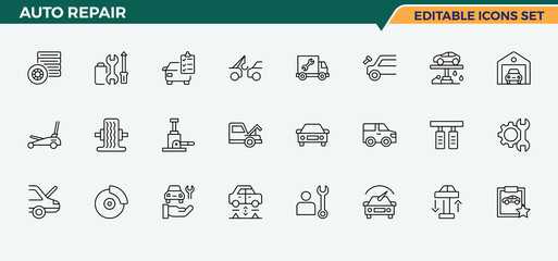 Auto Repair icon set. Related to mechanic, automotive, service, automatic, car and more. Car Repair line icon set. Outline icons in linear style. Editable vector art and illustration.