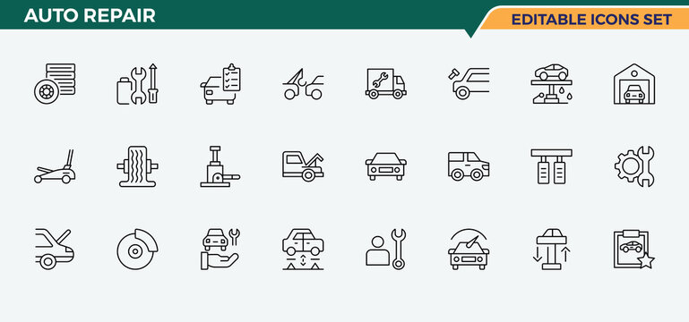 Auto Repair icon set. Related to mechanic, automotive, service, automatic, car and more. Car Repair line icon set. Outline icons in linear style. Editable vector art and illustration.