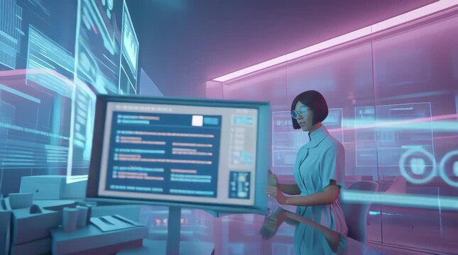 A futuristic high-tech office where a person interacts with a holographic AI interface. The environment is filled with soft blue and purple neon lights, transparent screens, and 3D data visualizations