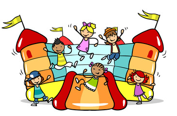Gruppe Cartoon Kinder feiert auf Hüpfburg Kindergeburtstag