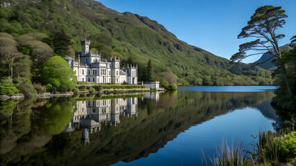 Fototapeta premium Eye-level camera angle capturing the serene Kylemore Abbey reflected in a calm lake, surrounded by Connemara's forested hills, harmonious color palette of greens and grays under a clear blue sky, comp