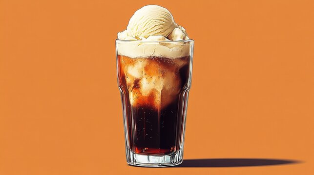 Refreshing root beer float with vanilla ice cream in a tall glass on orange background