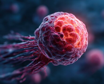 Glowing microscopic cell structure with trailing filaments against dark background.