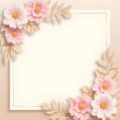 Fototapeta premium Elegant pastel floral paper art frame with pink flowers and beige leaves background
