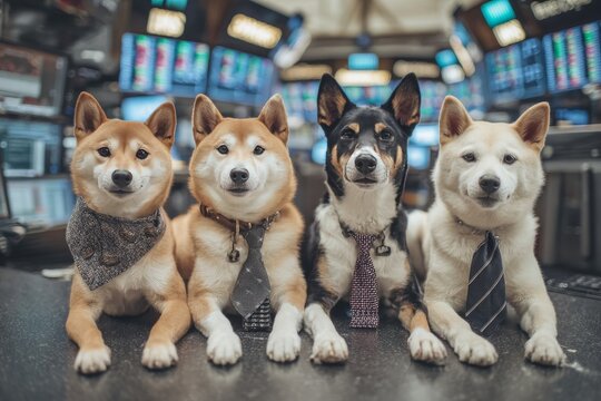 meme shiba inus in suits, in the background trading terminals wallstreet 