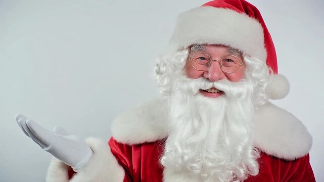 santa clause showing pointing finger at empty space isolated over white background