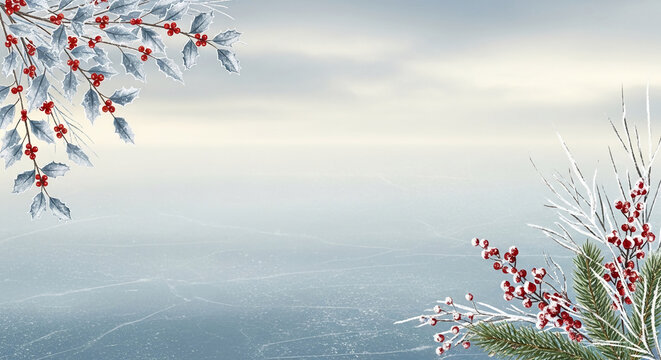 Icy background with red berry branches and frost-covered foliage, evocative of winter holiday season, representing festive atmosphere, celebration, cold