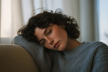 Melancholic young woman in cozy blue sweater resting on a sofa — intimate portrait conveying quiet introspection and calm solitude at home