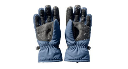 A pair of blue and black winter ski gloves covered in snow. Insulated cold weather protection gear for outdoor sports isolated on a transparent background