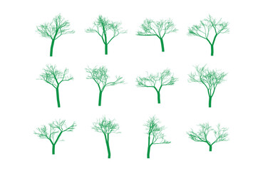Twelve Green Tree Silhouettes on a White Background Vector Illustration