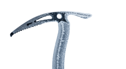 A frosted ice axe used for mountaineering and ice climbing. Winter sports equipment covered in rime ice isolated on a transparent background