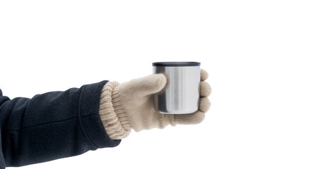 Hand in a warm winter glove holding a stainless steel thermos cup. Person with a hot beverage in cold weather isolated on a transparent background