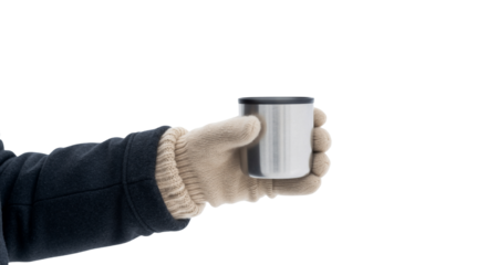 Hand in a warm winter glove holding a stainless steel thermos cup. Person with a hot beverage in cold weather isolated on a transparent background