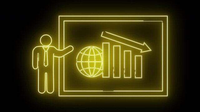 Neon business person presenting a chart with globe bars  downward arrow against a black background