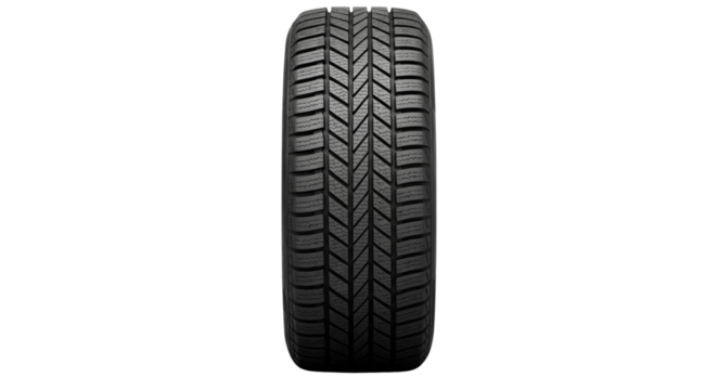 A new winter car tire with a deep tread pattern for snow safety. Automotive rubber vehicle part isolated on a transparent background