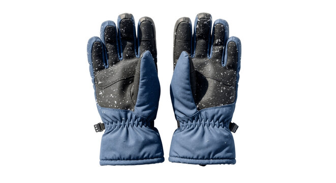 A pair of blue and black winter ski gloves covered in snow. Insulated cold weather protection gear for outdoor sports isolated on a transparent background