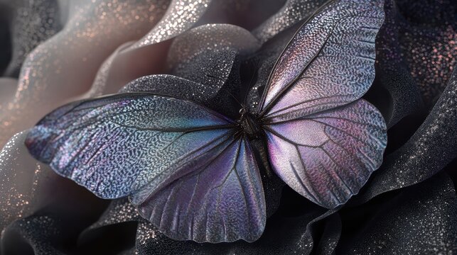 Morpho butterfly with iridescent wings resting on dark petals - Powered by Adobe