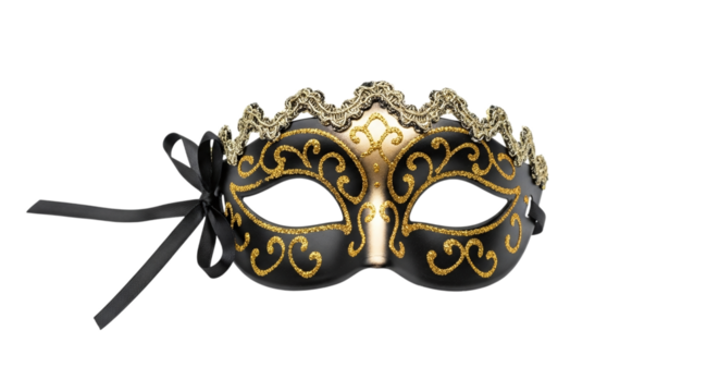 Elegant black and gold venetian mask isolated on transparent background, perfect for masquerade balls, parties, and theatrical performances