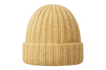 Yellow knitted beanie hat showing wool texture and ribbed pattern, keeping heads warm in cold weather, transparent background