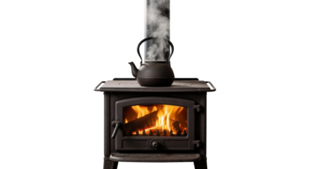 A traditional cast-iron wood-burning stove with a fire inside and a steaming kettle on top. Cozy winter home heating concept isolated on a transparent background