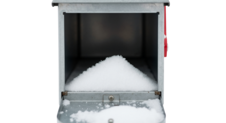 Open metal mailbox filled with a pile of fresh snow. Winter weather and interrupted mail delivery concept. Isolated on a transparent background