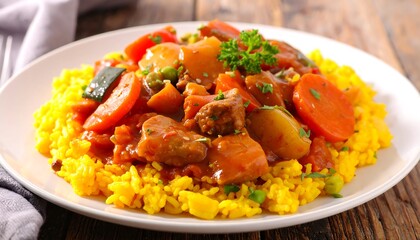 A vibrant, close-up shot of a savory stew atop yellow rice, artfully presented on a white plate