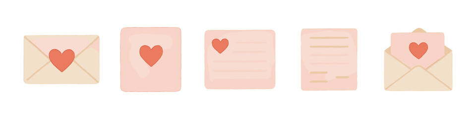 Collection of pink love envelopes and cards decorated with red hearts. Romantic flat vector illustration for Valentine or wedding