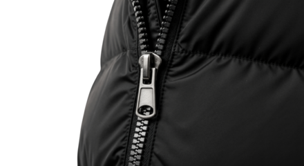 Detailed close-up of a silver metal zipper on a black puffer jacket. Winter outerwear clothing fastener detail. Isolated on a transparent background