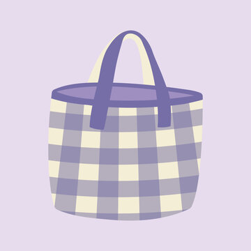 Minimalist vector illustration of a lilac plaid picnic bag. A stylish pastel accessory with a gentle checkered pattern, an isolated object. For fashion, outdoor, or lifestyle design projects.